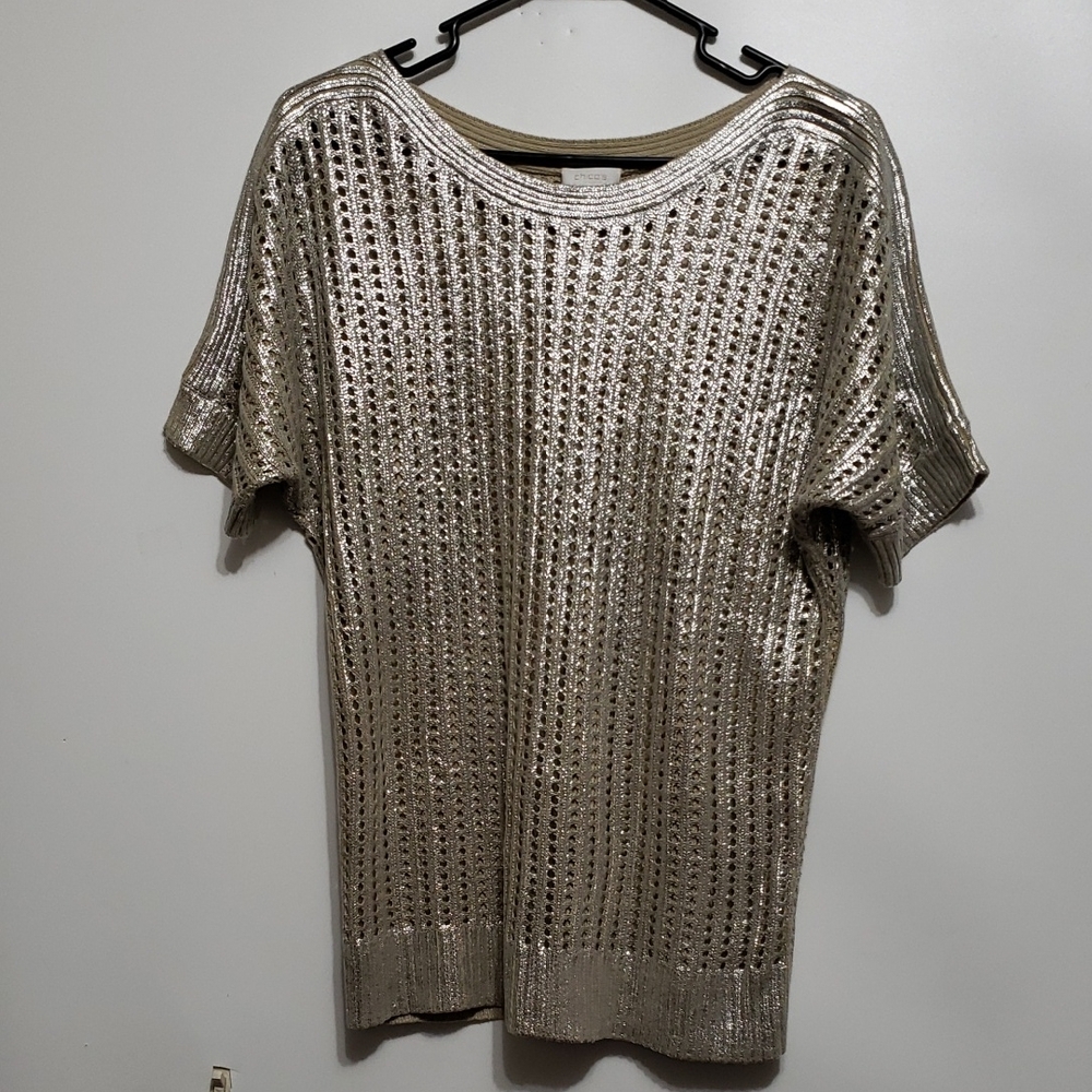 CHICO'S Shimmering Metallic Gold/Champagne‎ Crochet Eyelet Dazzling Knit Top M/8